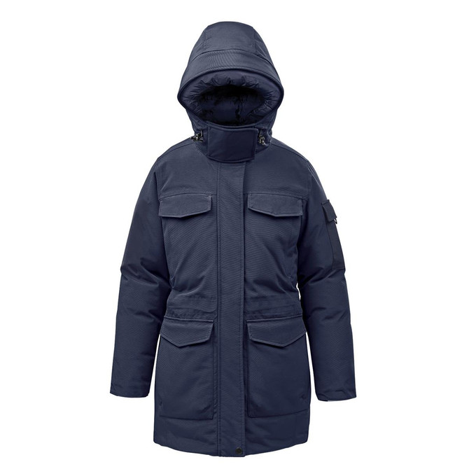 A navy Women's Denali Parka with a hood, featuring multiple front pockets and a zip closure. The jacket has a logo.