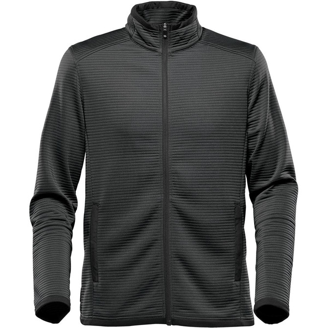 A men's jacket in dark grey with a textured pattern, featuring a high collar and zip-up front. It has side pockets and a logo.