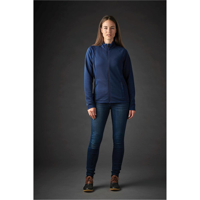 A navy blue women's jacket with a zip front, featuring a fitted design and a logo.
