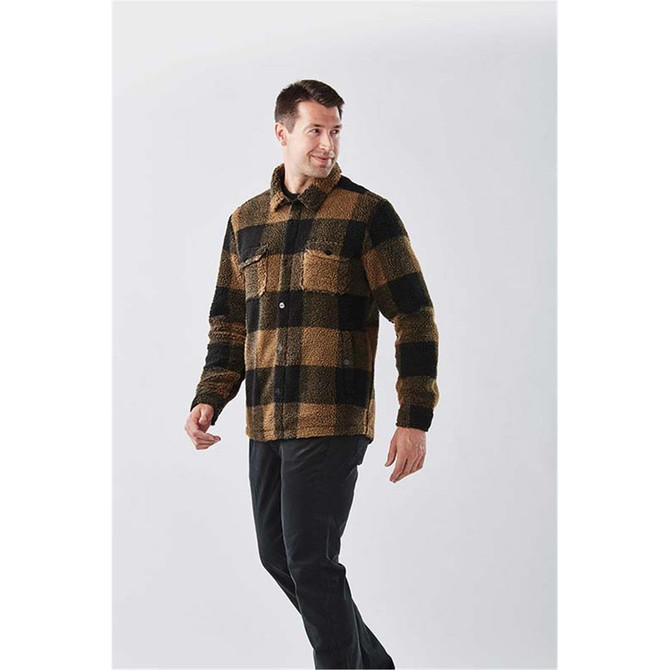 A unisex caribou fleece jacket in a brown and black check pattern with two front pockets and long sleeves.