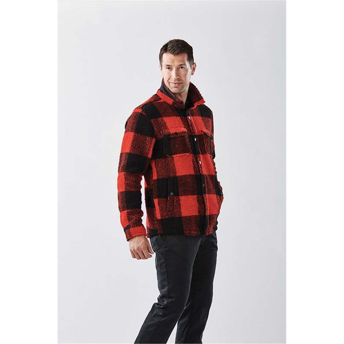 A red and black checkered unisex Caribou fleece jacket with a collar and front pockets.