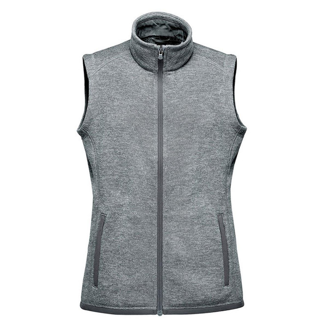 A grey women's fleece vest with a full zip and high collar, featuring two side pockets and a logo.