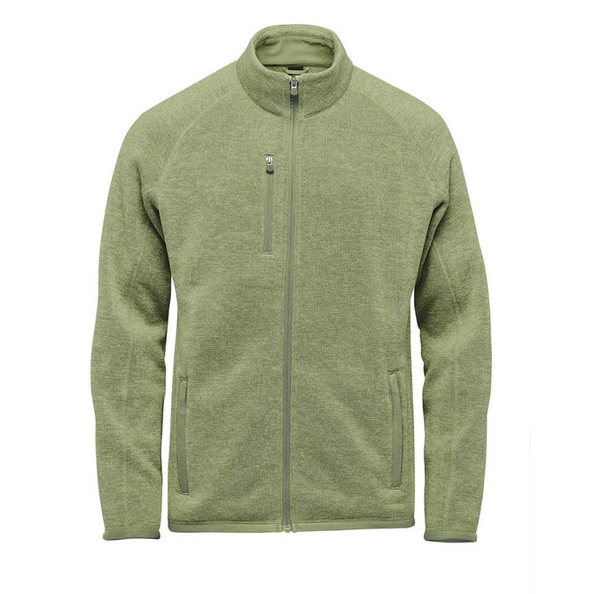 A men's full zip fleece jacket in light green, featuring a zippered chest pocket and a subtle textured finish.