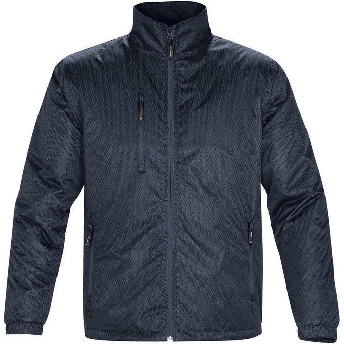 A dark navy thermal jacket with a high collar and zippered pockets, featuring a logo on the front.