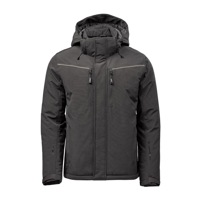 A men's thermal jacket in dark grey with a hood, featuring zippered pockets and a subtle logo.
