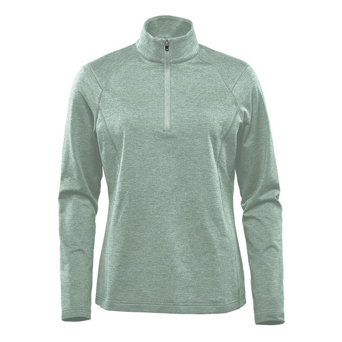 A green women's 1/4 zip pullover jumper with long sleeves and a collar. It features a logo on the front.