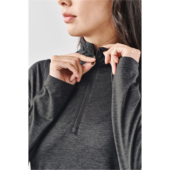 A women's Milano 1/4 zip pullover in dark grey, featuring a high collar and a zip neckline.