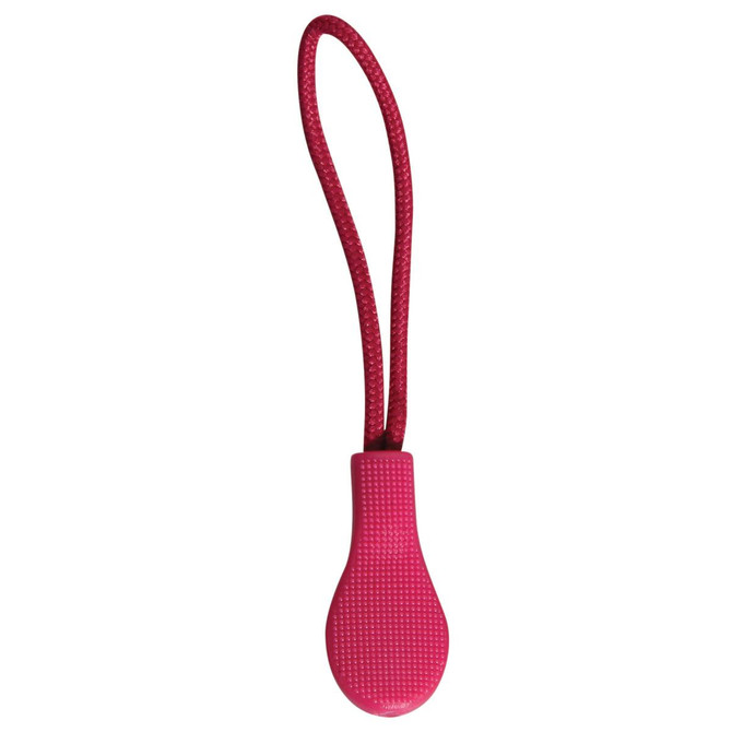 A pink zip puller with a textured grip and a looped cord for easy handling.