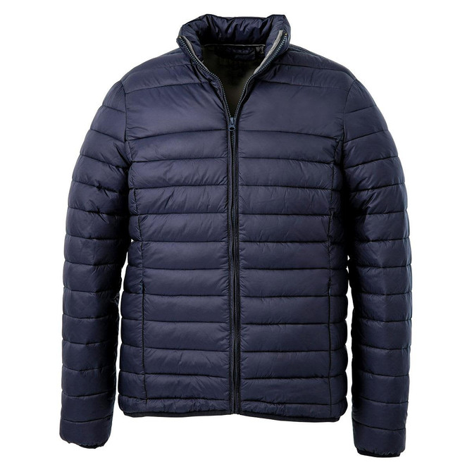 A navy puffer jacket with a zip front and a high collar, featuring stitched panels and a logo.