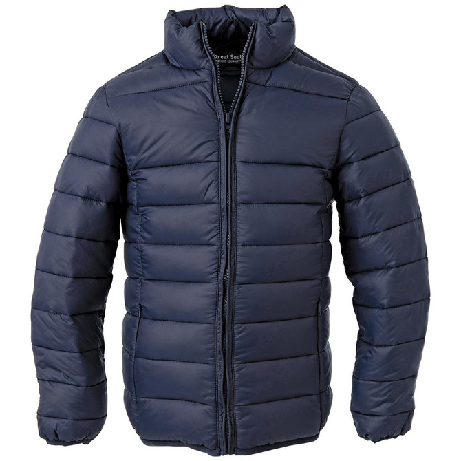 A navy puffer jacket featuring a high collar and vertical stitching, with a logo on the inside label.