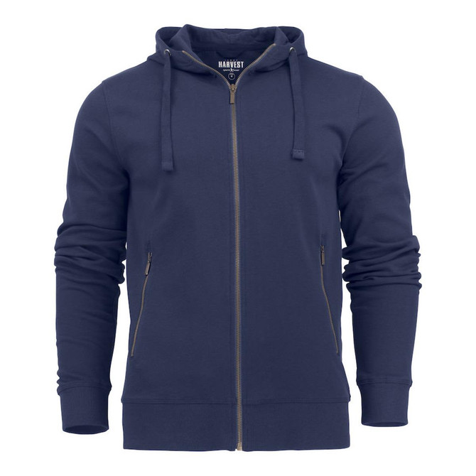 A navy blue men's hoodie with a front zip, drawstring hood, and two side pockets. It has a logo on the front.