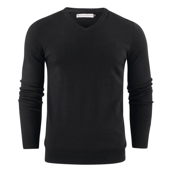 A black men's v-neck sweater with long sleeves, featuring a logo on the label.