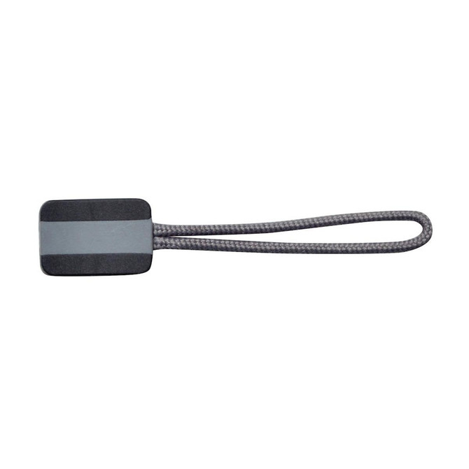 A grey zip puller with a rectangular handle and a looped strap. Features a branded logo.