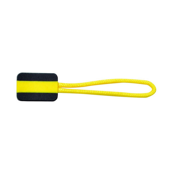 A black and yellow zip puller with a loop handle, designed for easy use on zippers.