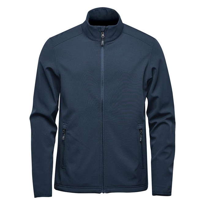 A navy blue softshell jacket with a zip front and side pockets, featuring a logo on the chest.