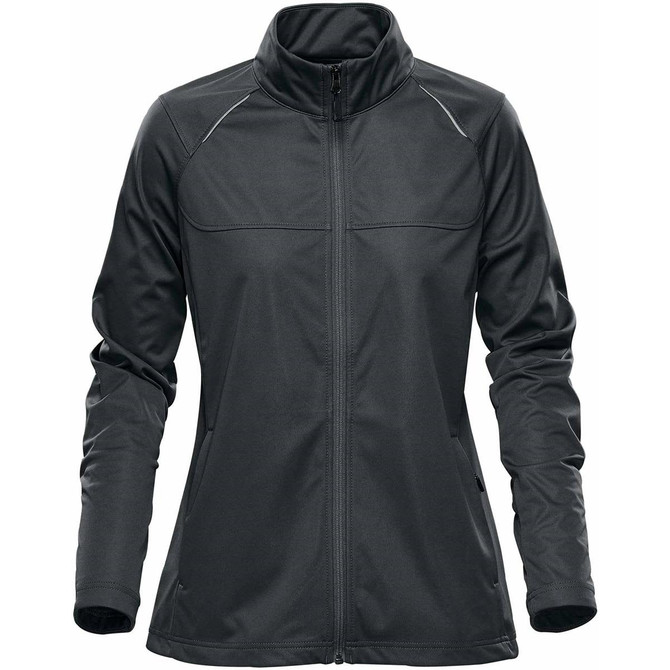 A women's lightweight softshell jacket in dark grey, featuring long sleeves and a zip front, with a collar and branding.