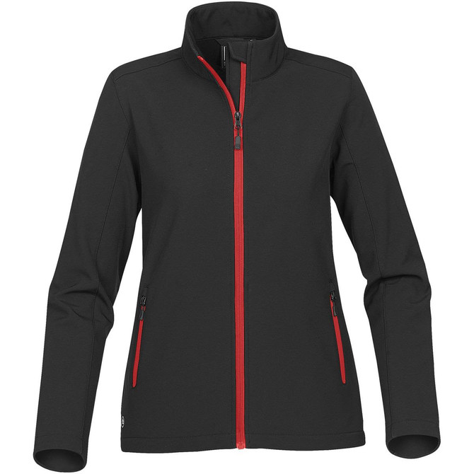 A women's black softshell jacket with red zip accents and zippered pockets. It has a high collar and a fitted design.