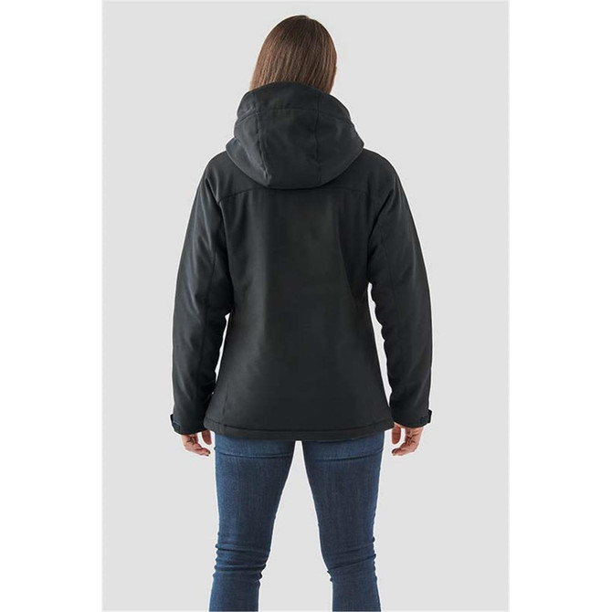 A black women's insulated softshell jacket with a hood, shown from the back, featuring a logo on the upper back.