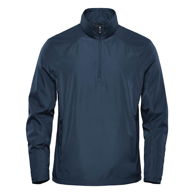 A navy blue men's 1/4 zip anorak jacket featuring a high collar and a branding logo.