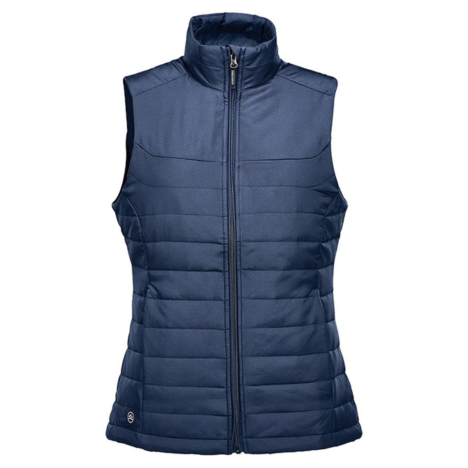 A navy blue women's quilted vest with a high collar and zip front, featuring a logo.
