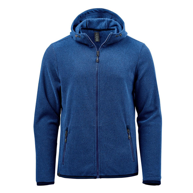 A blue full zip hoodie featuring a hood, front pockets, and a zipper closure. It includes branding on the design.