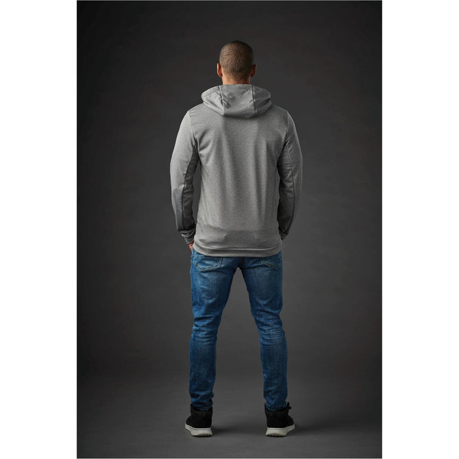 A grey men's hoodie with a hood, displayed from the back, paired with blue jeans, and featuring a logo.