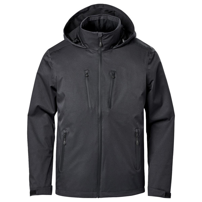 A lightweight black shell jacket with a hood and multiple zippered pockets, featuring a logo on the front.