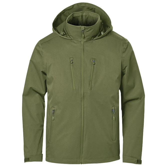 A lightweight green shell jacket with a hood and multiple zippered pockets, featuring a logo on the chest.