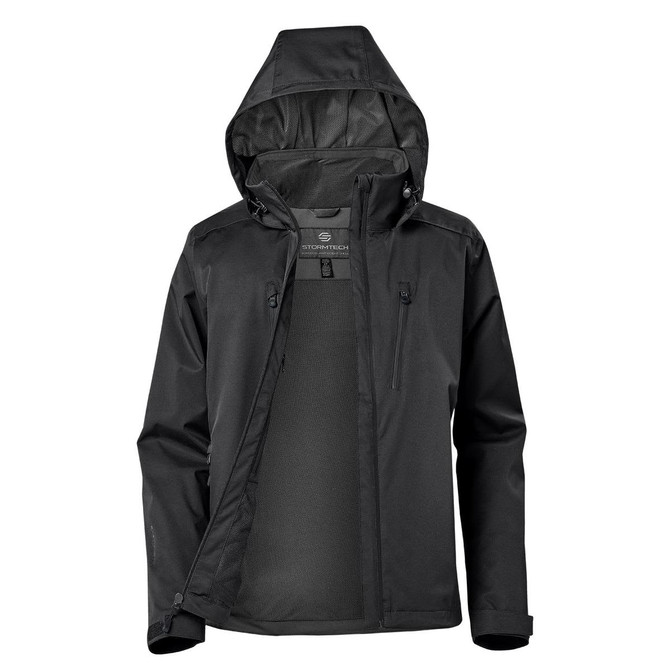 A black women's lightweight rain jacket with a hood and zippered pockets, featuring a logo on the fabric.