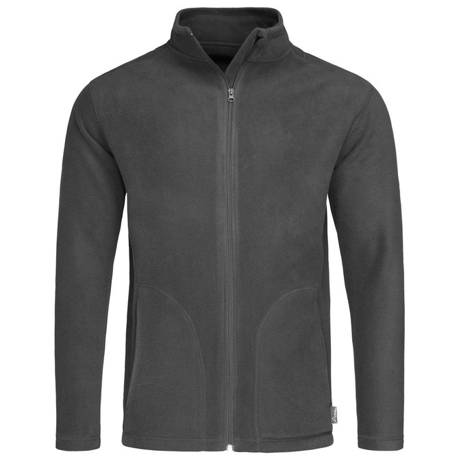 Men's active fleece jacket in dark grey, featuring a zip front and pockets, with a brand logo on the hem.