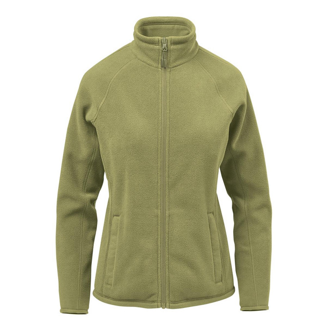 A women's polar fleece jacket in olive green with a zip front and side pockets. Features a high collar and fitted design.