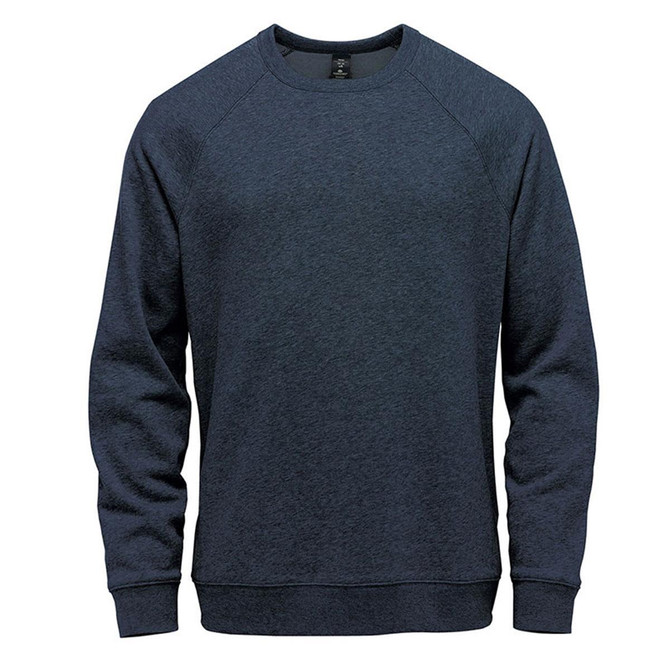 A navy blue fleece crew neck sweater with raglan sleeves and a logo on the front.