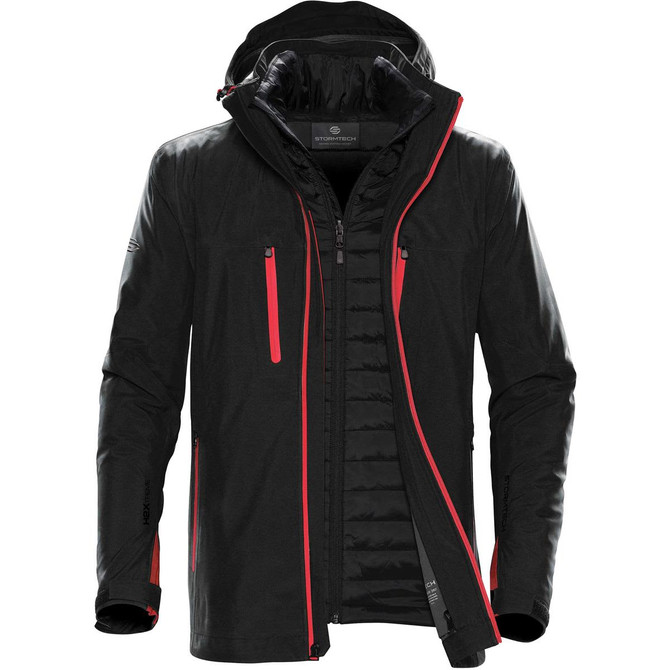 A black men's jacket with red accents and a hood, featuring zippered pockets and a logo.