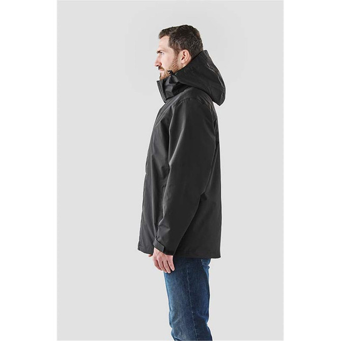 A black men's jacket featuring a hood, displayed on a model from the side. The jacket has a logo on it.