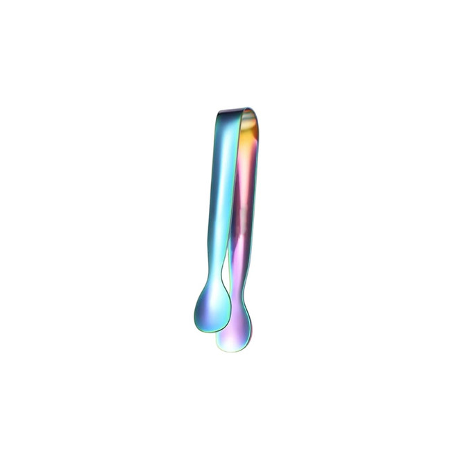 A pair of stainless steel ice tongs in a rainbow finish, featuring a sleek design and smooth edges.