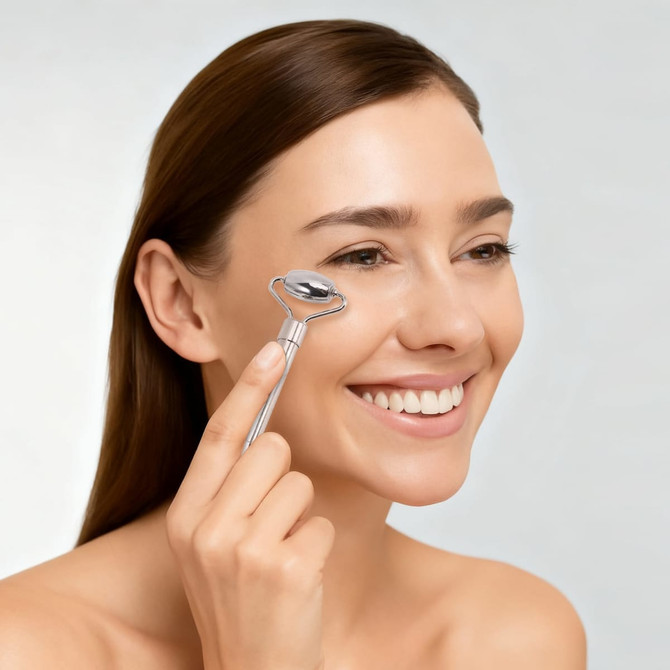 A stainless steel facial roller held by a smiling woman with long brown hair, featuring a sleek silver design.