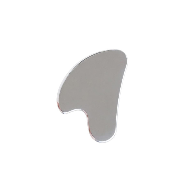 A stainless steel gua sha massage tool in a smooth, curved design reflecting light. The surface is shiny and metallic.