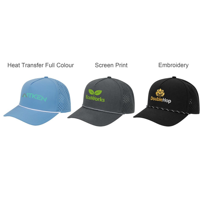 A set of three caps featuring mesh backs in blue, grey, and black, each with a logo and different decoration styles.