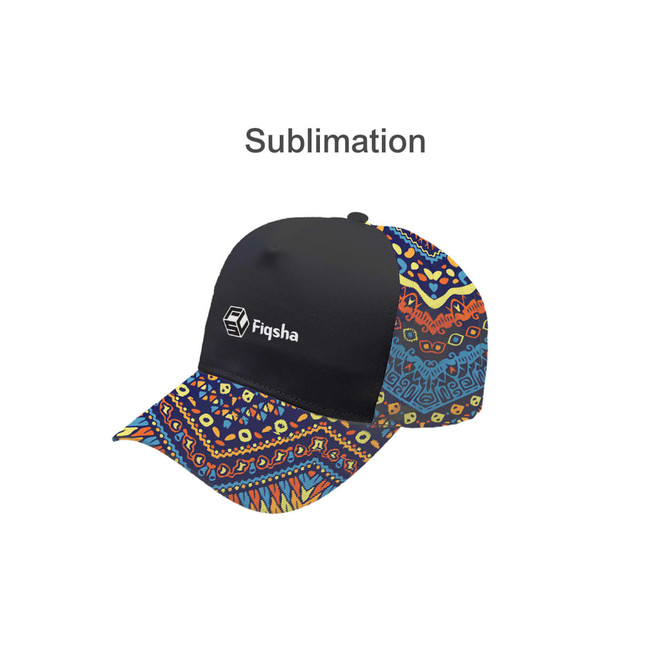 A vibrant custom cap featuring a black front panel and a multicoloured patterned brim. Includes a logo on the front.