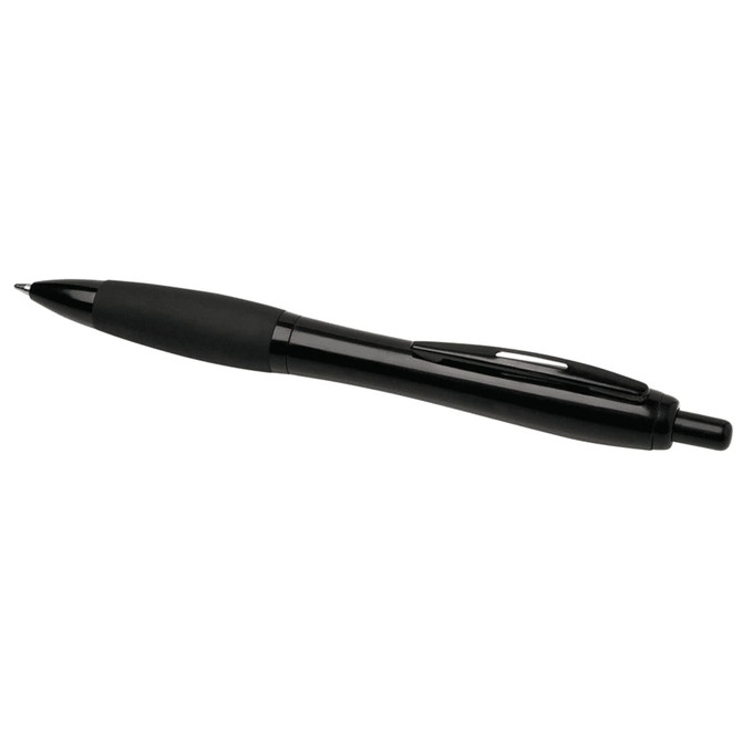 A recycled black pen featuring a sleek design and a comfortable grip, with a logo on its side.