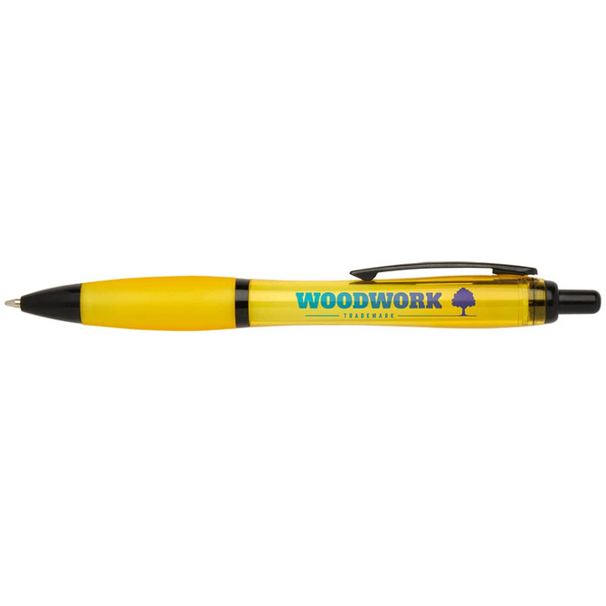 A yellow pen with a transparent barrel and a black tip, featuring a logo and the word "WOODWORK."