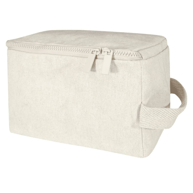 A cream toiletry organiser with a zip closure and a handle on the side. It has a simple design and a logo.