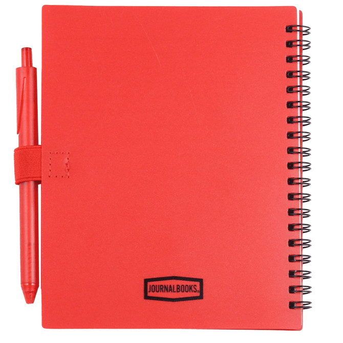 A red recycled PP journal with a spiral binding and an attached red pen. Features a logo on the cover.