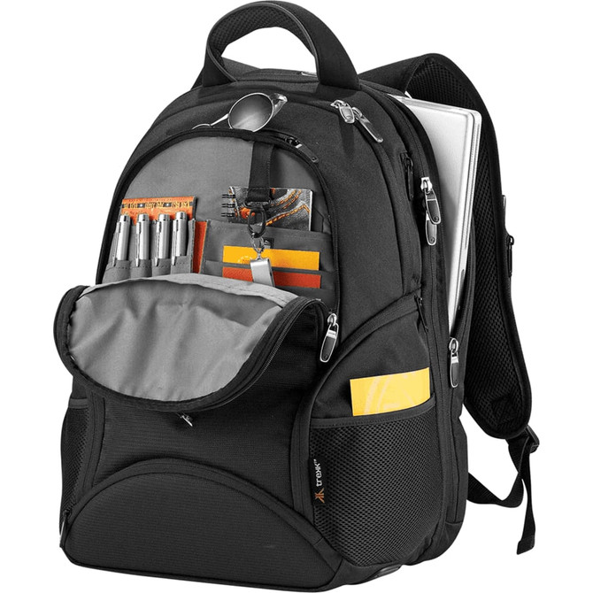A black computer backpack with multiple compartments, featuring pens, notebooks, and a laptop sleeve.