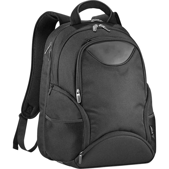 A sleek black laptop backpack with multiple pockets, zippers, and a padded back for comfort. Includes a logo detail.