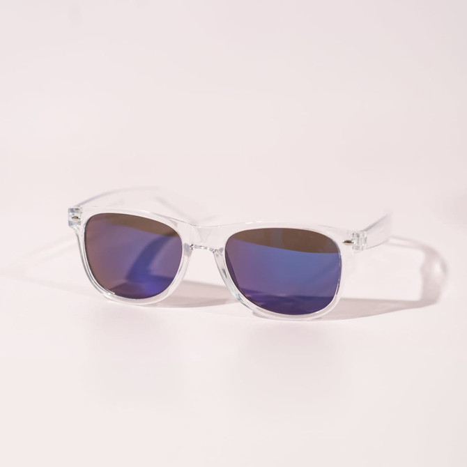 Clear-frame sunglasses with gradient purple lenses, displayed against a light background.