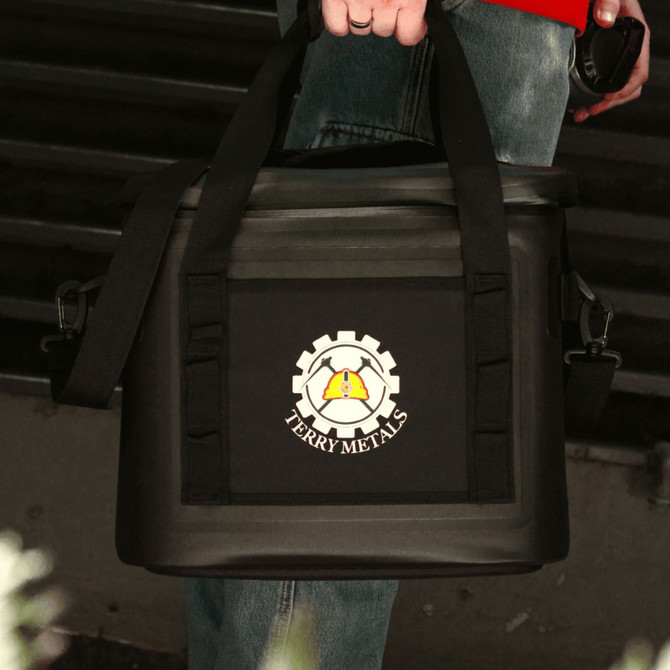 A black cooler bag with dual handles and an adjustable strap, featuring a logo on the front.