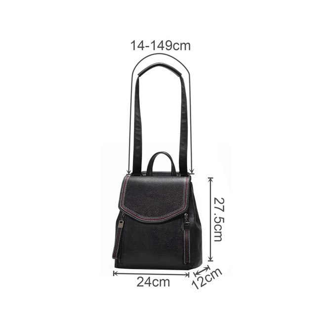 A black convertible leather backpack with adjustable straps and measurements of 27.5cm by 24cm by 12cm.