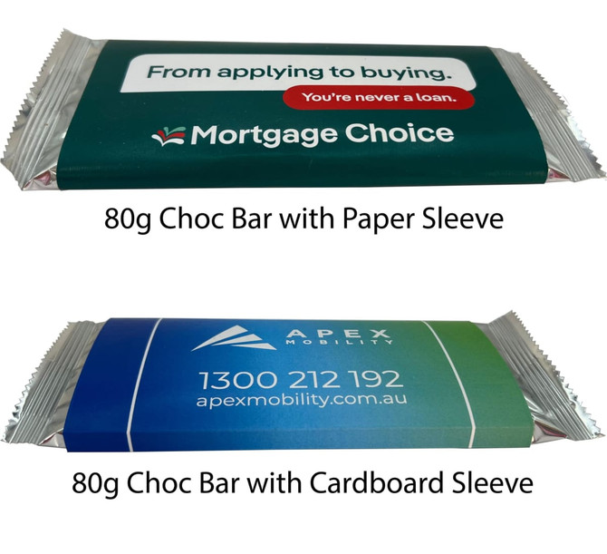 A chocolate bar wrapped in a green paper sleeve, with branding, and a second bar in a blue cardboard sleeve.
