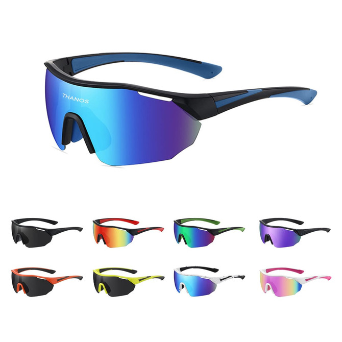 A pair of sports cycling sunglasses featuring a black frame with blue accents and various coloured lens options.